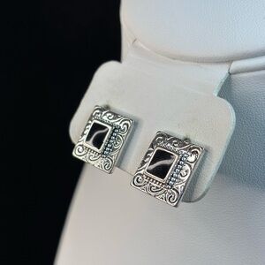 Intricate Silver and Black Square Clip On Earrings